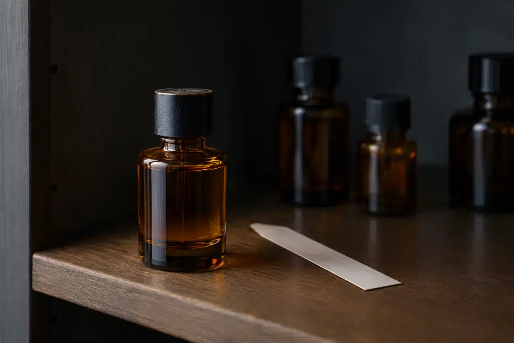 Parfumflesje rijpt in donkere kast