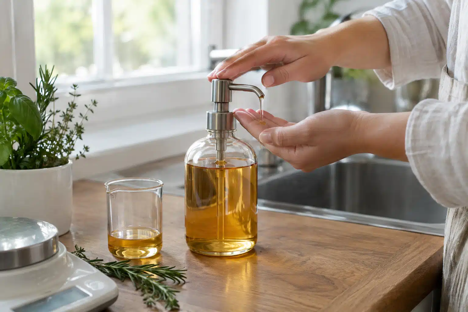 Handzeep uit glazen pompfles