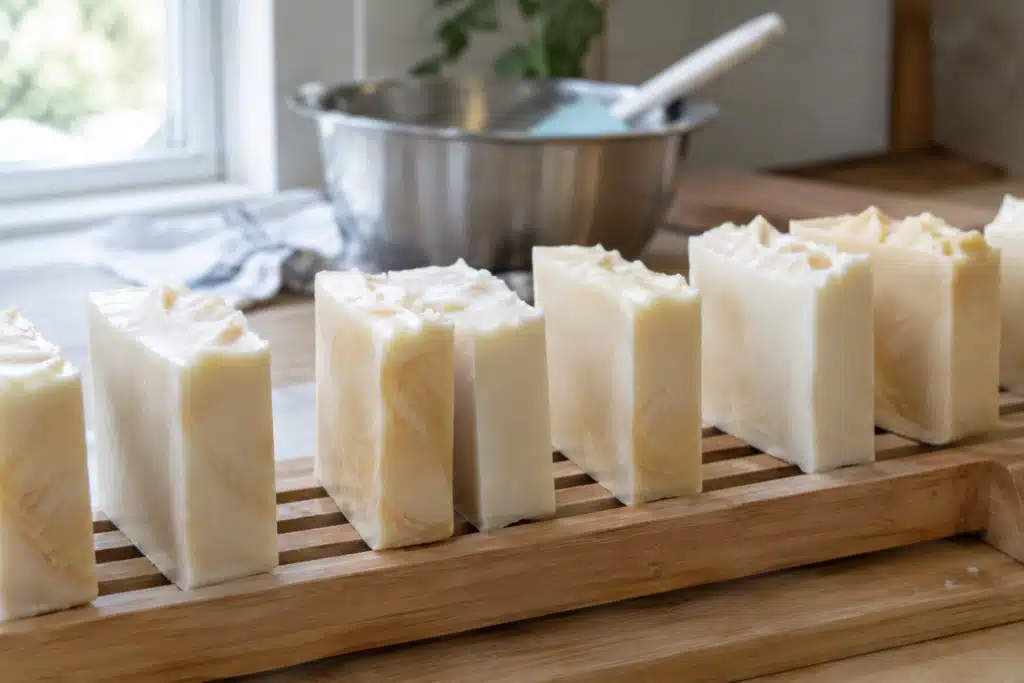 Zeepstukken rijpen op houten rek
