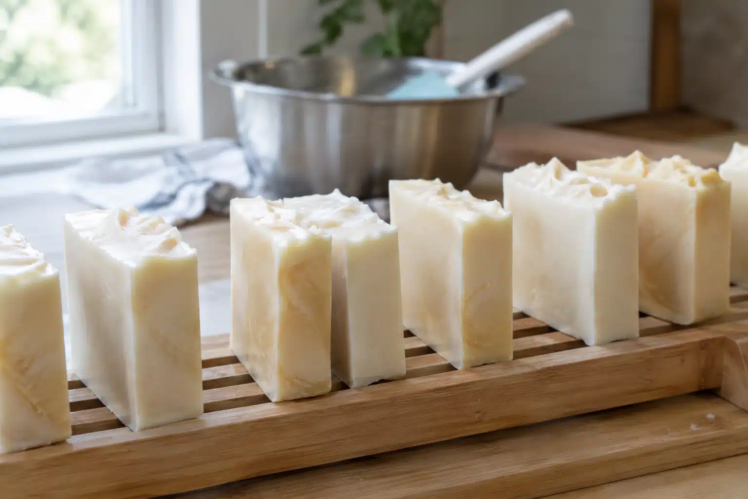 Zeepstukken rijpen op houten rek