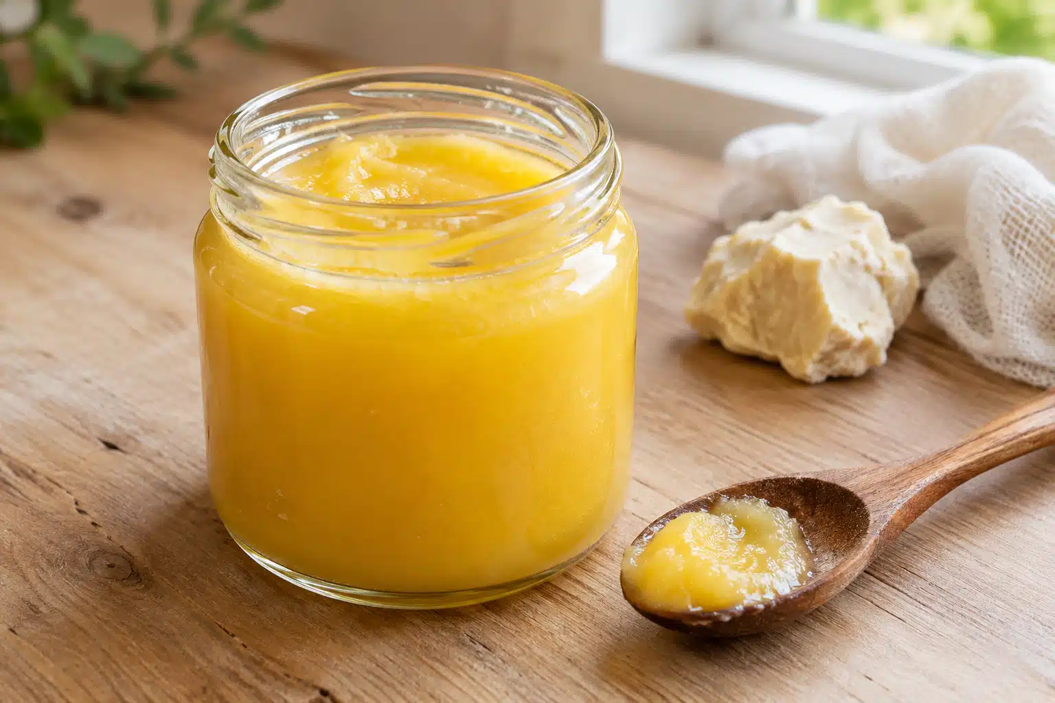 Gouden ghee in glazen pot